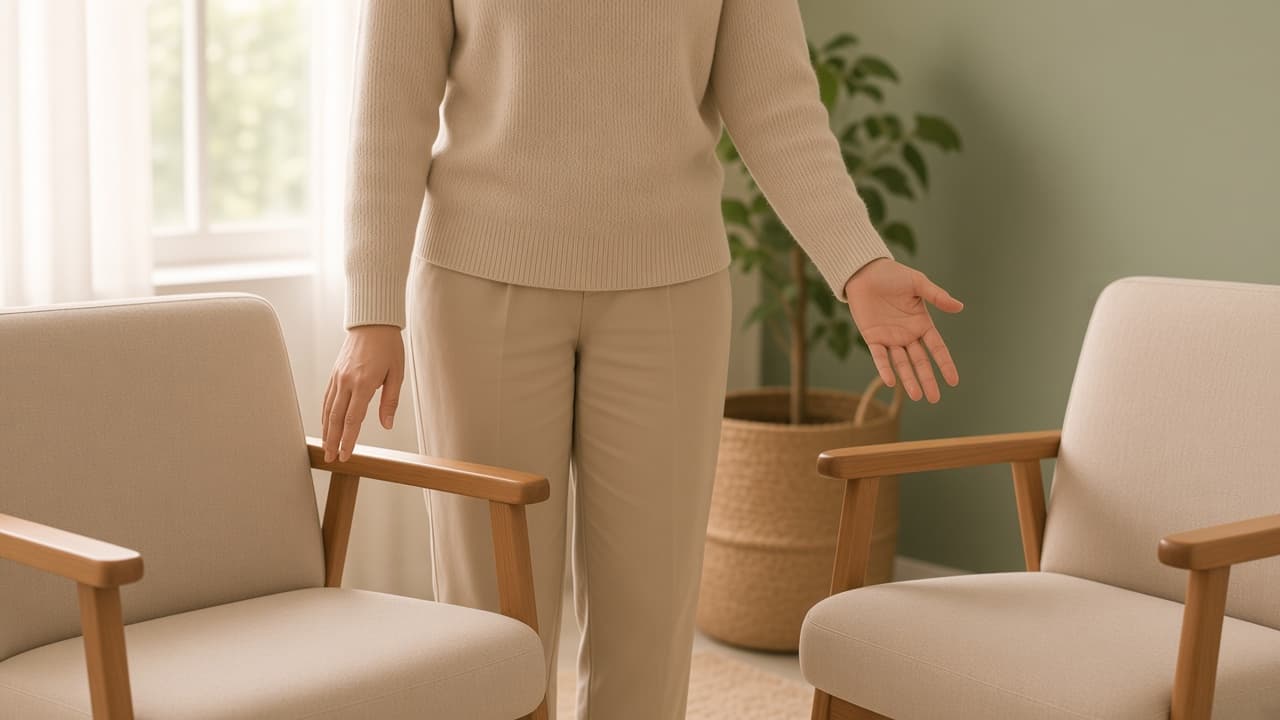 A person standing between two empty cream armchairs in a soft therapy room, framed from the chest down, no faces